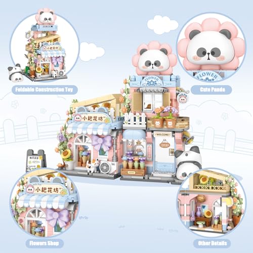 Street View Flower House Shop Mini Building Blocks, MOC Creative Building Toys Cute Panda Building Set for Kids 6-12, Simulation Architecture Construction Toy, Gift Idea for Kids Adults (810PCS) - style: Flowers Shop