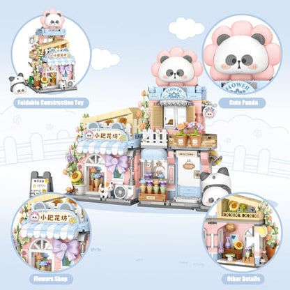 Street View Flower House Shop Mini Building Blocks, MOC Creative Building Toys Cute Panda Building Set for Kids 6-12, Simulation Architecture Construction Toy, Gift Idea for Kids Adults (810PCS) - style: Flowers Shop