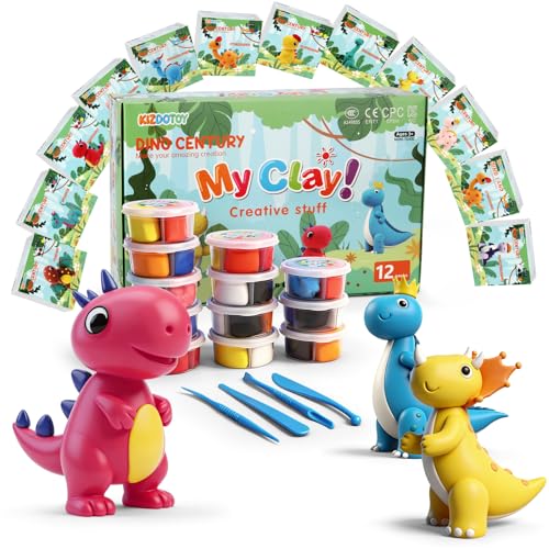 Air Dry Clay Kit for Kids – 12 Dinosaur Theme Sealed Jars with Tools & Tutorial Cards | Screen-Free STEAM Activity | Non-Toxic & Non-Sticky | Gift for Boys Girls Ages 3+ - color: 12 Boxes of Dinosaurs