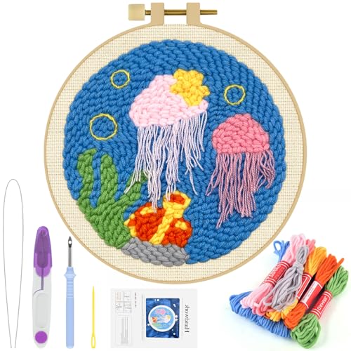 ERKOON Punch Needle Kit Adults Beginners, DIY Easy Ocean Embroidery Set for Starter Art Craft, Needling Punch Project with Patterns, Tools, Yarns, Hoop, Instruction (Jellyfish) - color: Jellyfish