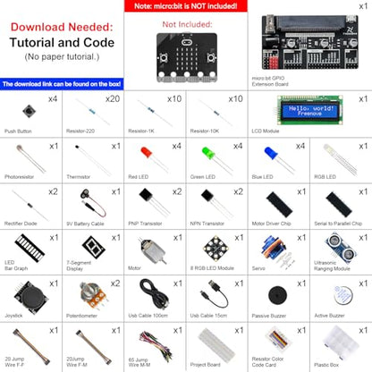 Freenove Super Starter Kit for BBC Micro:bit (Not Included, Works with V1 & V2), 266-Page Detailed Tutorial, 191 Items, 38 Projects, Blocks and Python Code - color: Without Micro Bit