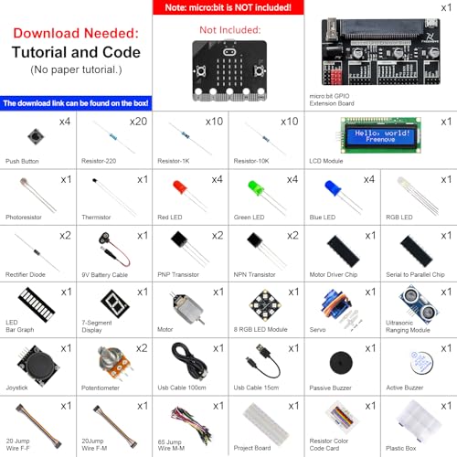 Freenove Super Starter Kit for BBC Micro:bit (Not Included, Works with V1 & V2), 266-Page Detailed Tutorial, 191 Items, 38 Projects, Blocks and Python Code - color: Without Micro Bit