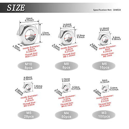 210PCS 304 Stainless Steel Hex Nuts Assortment Kit for Screw Bolt with 6 Sizes DIN 934 (M3 M4 M5 M6 M8 M10) Great Replacement Fasteners for Professionals, Repairmen or DIY, Meet Your Every Needs