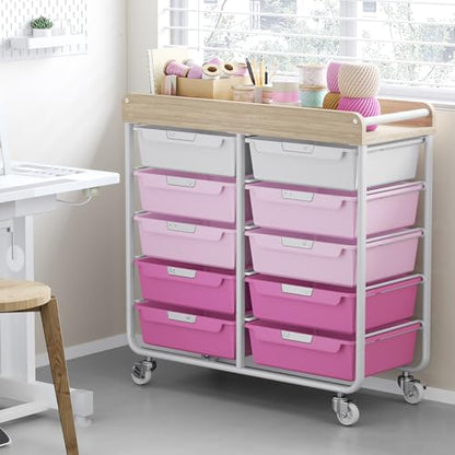10 Drawers Rolling Cart with Wooden Tabletop, Utility Storage Cart with Wheels, Art Supply Craft Organizer on Wheel with Metal Frame & Handles for Home Office School,Pink - color: Pink