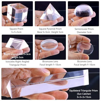 7 PCS K9 Optical Crystal Prism & Lens Set, 50mm Cube/Pyramid/Dome/Right-Angle/150mm Equilateral Prism, Biconvex/Biconcave Lens, for Photography Teaching Entertainment