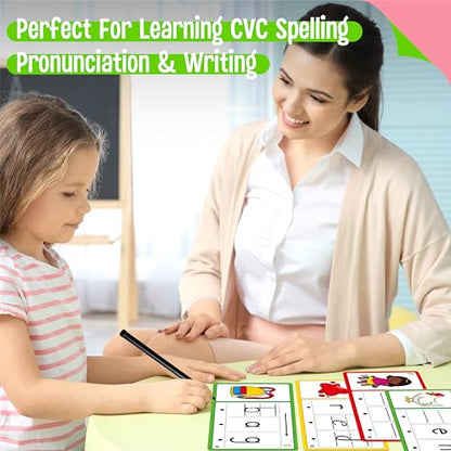 CVC Word Writing Cards, 100 Double-Sided Handwriting Cards 3-Level Short Vowel Spelling Flashcards CVC Sight Words Early Educational Tool for Kids 3 4 5 Years Old (3 Plastic Rings Included) - style: CVC Word Writing Cards