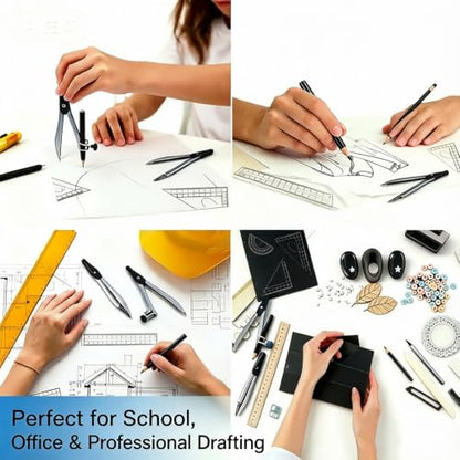 Marte Vanci 10 Piece Geometry Set, Math Geometry Kit with Storage Case, Includes 2 Compasses Rulers Protractor Pencil Eraser Sharpener Lead Refills Student Supplies for Drafting, Math Study (Black) - color: Black
