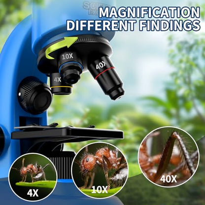 Microscope for Kids Scientific Experiment Kit 40X-1600X Magnification LED Light Educational STEM Kit with Slides and Lab Tools (Blue) - color: Blue
