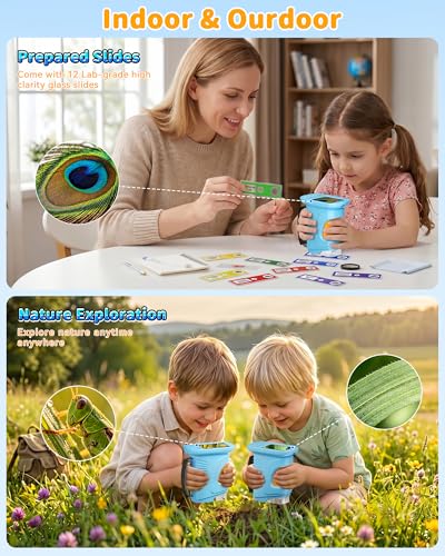 1000X Kids Handheld Microscope, 4K Digital Mini Pocket Digital Microscope with 2.4" IPS Screen, Built-in Camera & 12 Prepared Slides, STEM Educational Toy, Birthday Gift for Boys & Girls Ages 3–12 - color: Blue