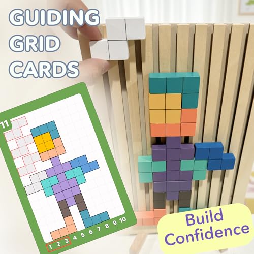 Cateam Wooden Montessori Brain Blocks Russian Blocks Style Puzzle - 3D Geometric Stacking Game with 10 Challenge Cards - Educational STEM Toy for Toddlers & Kids Ages 3-5 - Tangram Logic Gift