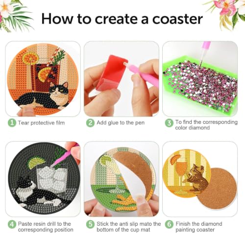 8 PCS Cocktail Cat Diamond Art Coasters with Holder - color: Cocktail