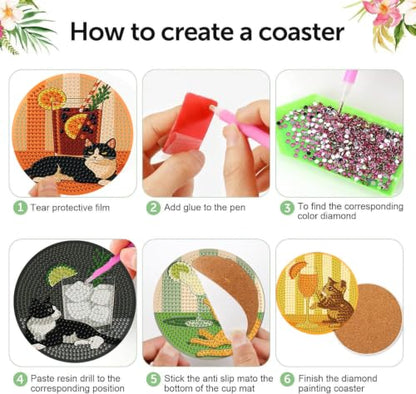 8 PCS Cocktail Cat Diamond Art Coasters with Holder - color: Cocktail