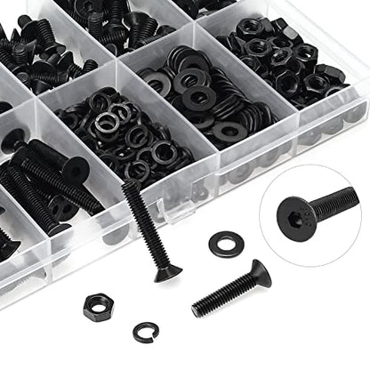 HELIFOUNER 380 Pieces M4 x 6mm /8mm /10mm /12mm /16mm /20mm /25mm, Countersunk Head Socket Cap Screws Bolts Washers Nuts Kit, 10.9 Grade Alloy Steel, Full Threaded, Black - size: M4, style: Countersunk Head