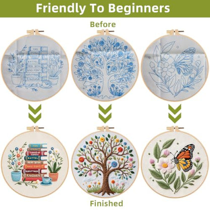 Herdiese Embroidery Kit for Beginners & Adults, 3 Sets with Instructions - color: Flower-F (3 Pack)