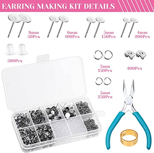 Caffox Hypoallergenic Earring Posts and Backs, 1800pcs Stainless Steel Stud Earring Kit with Earring Base Studs, Earring Backs and Jump Rings for Clay, Resin, Pearls, Jewelry Making and Crafting - color: Silver