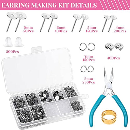 Caffox Hypoallergenic Earring Posts and Backs, 1800pcs Stainless Steel Stud Earring Kit with Earring Base Studs, Earring Backs and Jump Rings for Clay, Resin, Pearls, Jewelry Making and Crafting - color: Silver