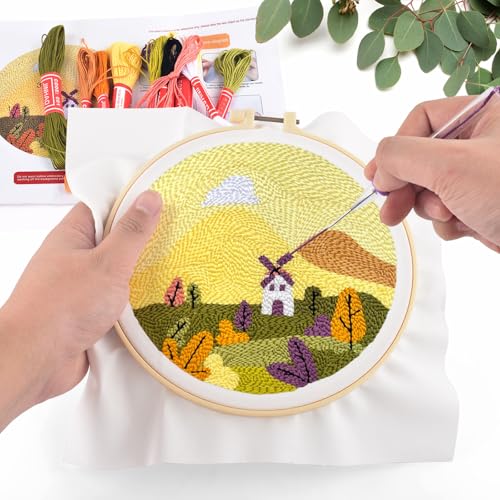 ERKOON Punch Needle Kit Adults Beginners, DIY Easy Landscapes Embroidery Set for Starter Art Craft, Needling Punch Project with Patterns, Tools, Yarns, Hoop, Instruction (Fall) - color: Fall