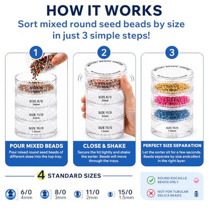 MIYUKI Beads Sorter for Round Rocaille Seed Beads, 4-Level Acrylic Bead Sifter with Size Labels 6/0 8/0 11/0 15/0, Seed Bead Organizer Tool for Jewelry Making, Bracelet Making & Craft Projects