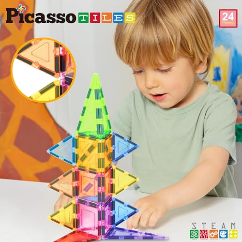 PicassoTiles Magnet Tile Building Block Set Magnetic Construction Square Triangle Tiles Toy Kit Sparking Creativity Geometric Shapes STEM Educational Learning Brain Development Kids Ages 3+ PB24 - color: 24 Pcs
