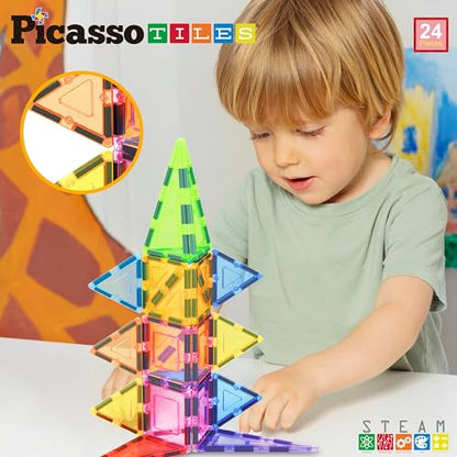 PicassoTiles Magnet Tile Building Block Set Magnetic Construction Square Triangle Tiles Toy Kit Sparking Creativity Geometric Shapes STEM Educational Learning Brain Development Kids Ages 3+ PB24 - color: 24 Pcs
