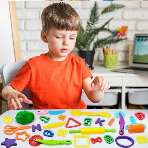 Dough Tools 55 PCS Dough Play Tools Set for Kids, Plastic Alphabet Numbers Shapes Cutters, Rollers, Scissors - style: 55 pcs