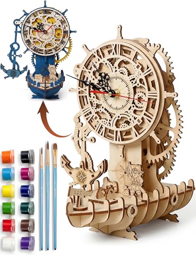 3D Wooden Puzzle for Adults, DIY Mechanical Gear Clock Wooden Clock Model Kit, Nautical Wooden Clock Decor Gift