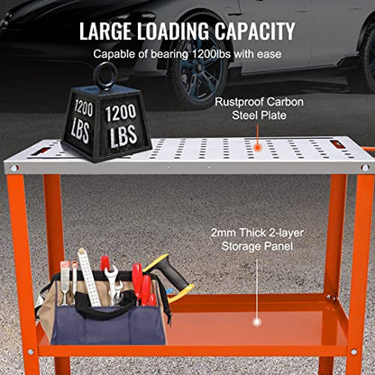 VEVOR Welding Table 36"x18", 1200lbs Load Capacity Steel Welding Workbench Table on Wheels, Portable Work Bench with Braking Lockable Casters, 4 Tool Slots, 5/8-inch Fixture Holes, Tool Tray