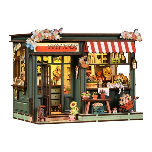 DIY Miniature House Kit for Adults & Teens, Flower Shop Scene Mini House Decor with Touch Switch Light, 3D Wooden Puzzle Gift for Book Lovers & DIY Fans (Aura Verde) - style: Aura Verde