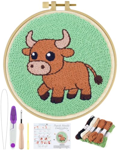 ERKOON Punch Needle Kit Beginners Adults, Zodiac Easy Embroidery Set for Starter Art Craft, Needling Punching Project with Patterns, Tools, Yarns, Hoop, Instruction (Taurus) - color: Taurus
