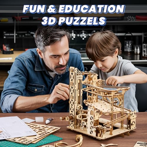 3D Wooden Puzzles for Adults: 371pcs Wood Mechanical Marble Run Model Kits with Roller Coaster Building Set for Adults - 3D Brian Teaser Desk Toys Wooden Puzzles for Men Women Hobbies Gifts