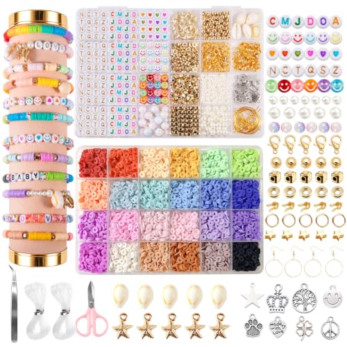 torbers 6000 Pcs Clay Beads Bracelet Making Kit, 24 Colors 6mm Flat Preppy Polymer Beads with Charms, Letter Beads and Elastic Strings, DIY Jewelry Making Set for Friendship Bracelets