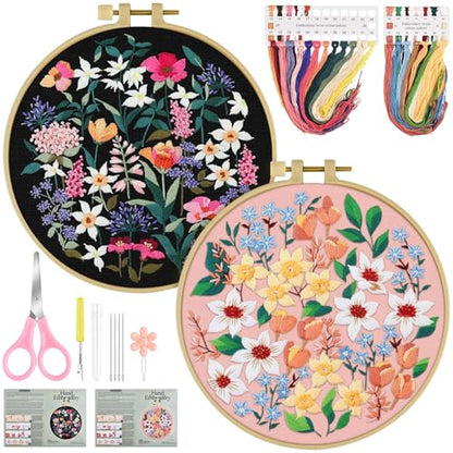 ERKOON Embroidery Kit for Beginners Adult, 2 Set Floral Cross Stitch Set Include Embroidery Cloth Hoops Threads for Craft Lover Hand Stitch with Embroidery Skill Techniques (Flower) - color: Flower