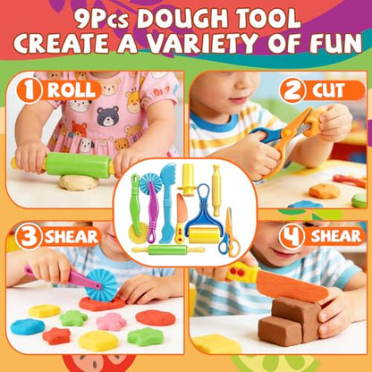 31 Pcs Dough Tools, Dough Play Tools Set + Kitchen Spaghetti Maker Machine Clay and Dough Accessories with Rolling Pins, Clay Cutters, Safety Scissors, 3D Dino & Animal & Fruit Molds