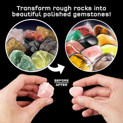 The Thames & Kosmos Rock Tumbler Essential STEM Tool | Durable, Leak-Proof, Noise-Reducing Barrel, Built-in Timer | Polish & Shine Kids Rock Collections, Includes Authentic Specimens & Polishing Grits