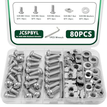 80 pcs M8 T Nut Screws Kit for 4040 4080 Aluminum Extrusion, 26 pcs Silver M8x12/16/20mm Hexagon Socket Stainless Steel Screws and 26 M8 Drop in T-Nuts, 28 Washers with Hex Wrench - style: 80pcs 40 Series Screws Kit Silver