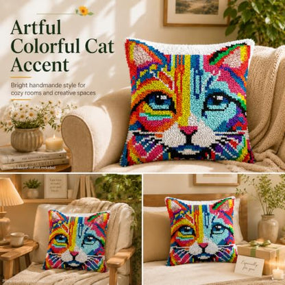 Colorful Cat Latch Hook Pillow Kits for Adults Beginner, Pre-printed Canvas - color: Colorful Cat Head