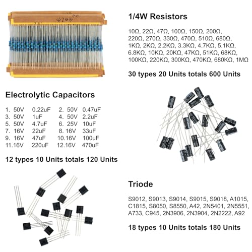 1540 Pcs Electronic Component Assortment Kit LED Diode Transistor Metal Film Resistors Aluminum Electrolytic Capacitors Ceramic Capacitors and 40Pin Male to Male Jumper Wire