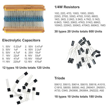 1540 Pcs Electronic Component Assortment Kit LED Diode Transistor Metal Film Resistors Aluminum Electrolytic Capacitors Ceramic Capacitors and 40Pin Male to Male Jumper Wire