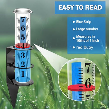 Rain Gauge Outdoor,7" Rain Gauges Outdoors Best Rated with Metal Rack Holder, Rain Measure Gauge, Easy to Read with Red Float, Large Font Plastic Replacement Tube for Yard Garden - color: Metal rain gauge