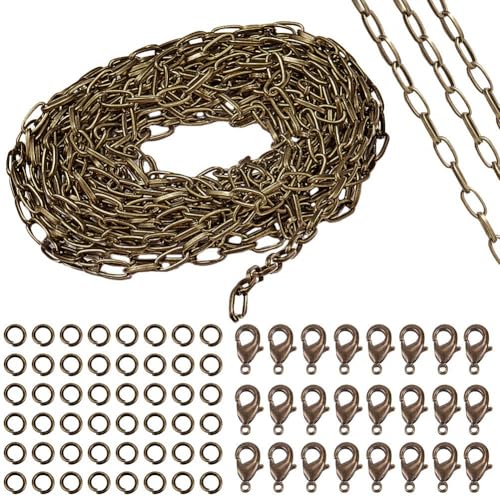 SUNNYCLUE 16.4Feet/ 5m Antique Bronze Curb Cable Chain Link Necklace Paperclip Chain Large 20Pcs Brass Lobster Claw Clasps 50Pcs Brass Jump Rings Jewelry Chains for Jewelry Making Supplies DIY Craft - color: Antique Bronze 10x4.8mm links
