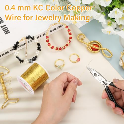 ModaCraft 26 Gauge Ultra-FINE Jewelry Wire Gold (328ft/100m) + 4-in-1 Ergonomic Pliers Set | Tarnish Resistant Copper Craft Wire for Wire Wrapping, Beading & Micro Jewelry Making | DIY Supplies Kit - color: Gold, size: 26 Gauge