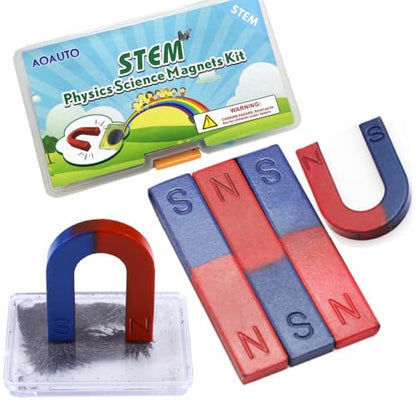 Kids Magnet Physics Science Kit, STEM Educational Learning Set Includes Bar & Horseshoe Magnets, Magnetic Powder for School Teachers & Homeschool Students
