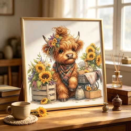 5D Cute Highland Cow Diamond Art kits for Adults Beginners 13.8x13.8inch - color: KM1328-1