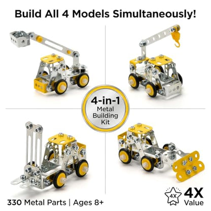Erector Set for Boys Age 8-12,4 Mini Metal Model Set for Kids,330 PCS STEM Construction Toys,Engineering Building Set with Crane,Forklift,Bulldozer,Fire Truck-DIY STEM Educational Gift for Boys&Teens