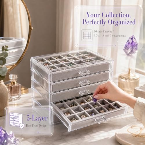 Jucoan Clear Acrylic Rock Display Case, 5 Layer 90 Grids Rock Collection Case with Adjustable Velvet Insert, Mineral Gemstone Storage Organizer Box for Kids Crystals, Rocks Collection