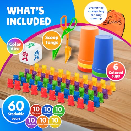 Skoolzy Rainbow Stacking Bears & Sorting Cups, 69 Pc Set, Storage Bag - style: Sort and Match, Rainbow Cups - 60pcs