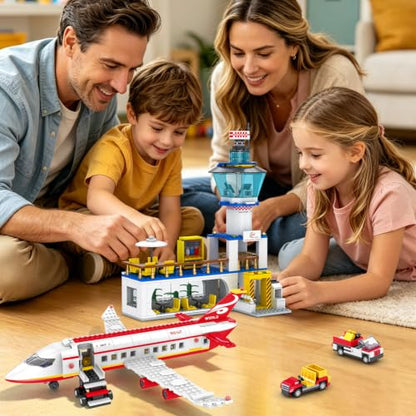 WINGIFT 880 Pcs City Airport Passenger Terminal Building Set, 6 in 1 Airplane Building Blocks Toy, STEM Aircraft Bricks with Shuttle Bus,Luggage Cart,Planes Model Toys Gifts for Boys Girls Ages 6-12+ - color: Red
