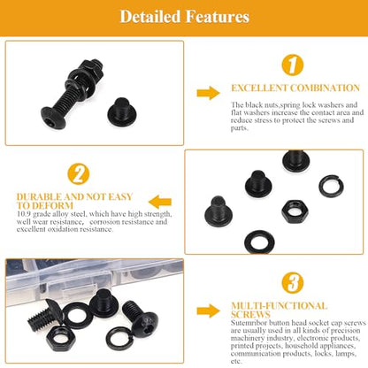245 Pieces M5 Screws Nuts Washers Set Black, Sutemribor M5 x 6/8/10/12/16/20/25mm Button Head Socket Cap Screws Nuts Washers Assortment Kit, 10.9 Grade Alloy Steel, Fully Threaded - size: M5, style: Button Head Socket Cap