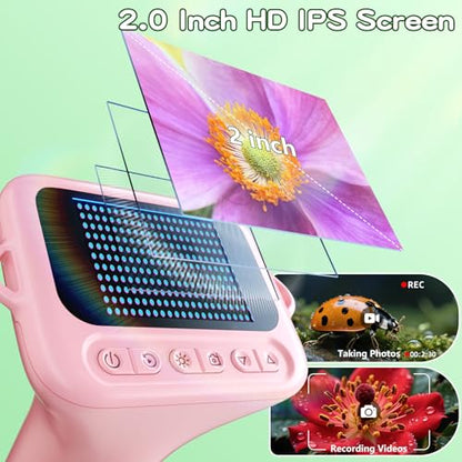 Odatay 1000X Digital Kids Microscope Kit with 12 Slides & 2" Screen, Pink - color: Pink