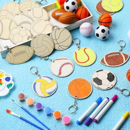 Trnayi 36 Pcs Sports Ball Unfinished Wood Keychains Color Your Own Craft - style: Sports